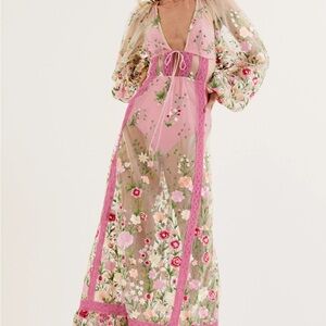 For Love And Lemons Pink Floral Sheer Embroidered Maxi Robe